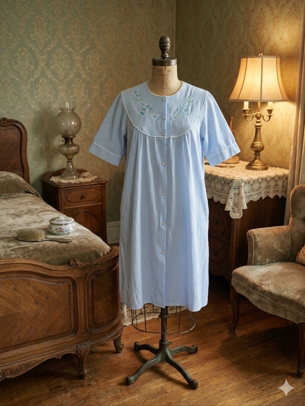 Vintage Style Bellina Seersucker Snap Front Housecoat Robe - M